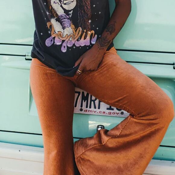 Neutral Tan Camel Velvet Flare Casual Dressy High Waist Yoga Lounge Pants - Picture 4 of 9